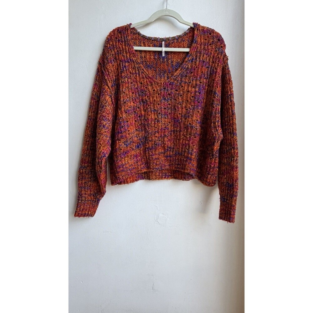 Free People Size XS Marled Chunky Knit V-Neck Sweater Cropped Orange Purple Boho